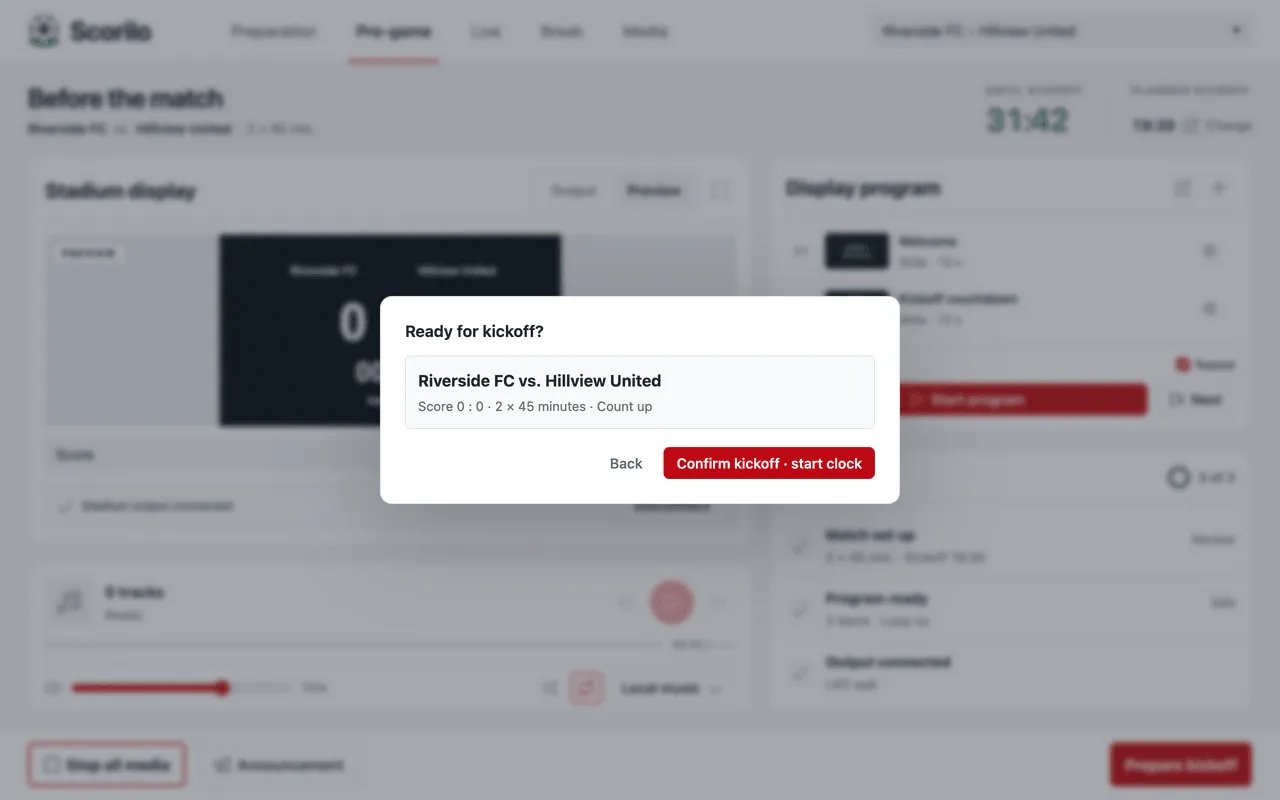 The “Ready for kickoff?” dialog with the teams, the score 0 : 0, “2 × 45 minutes · Count up” and the button “Confirm kickoff · start clock”.