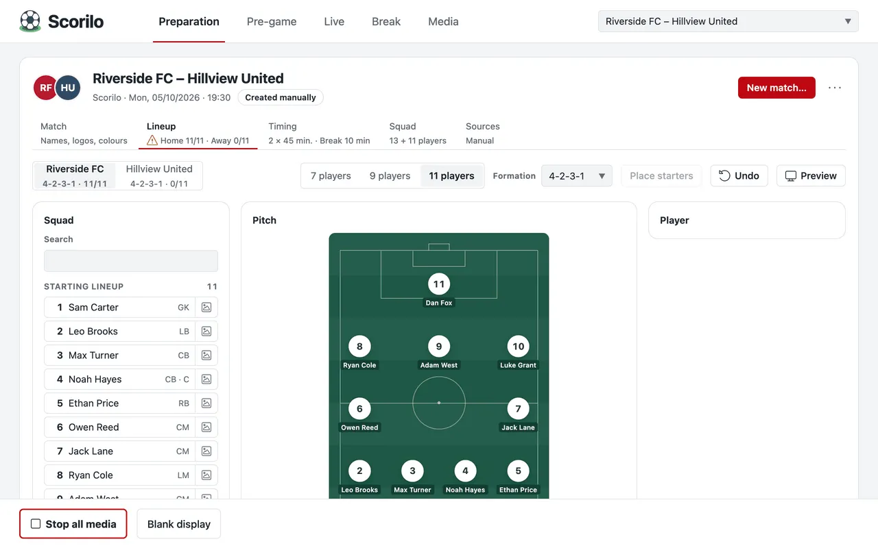 The lineup planner: the Riverside FC squad on the left, the pitch with a 4-2-3-1 formation in the middle, and the choice of 7, 9 or 11 players and the formation at the top.
