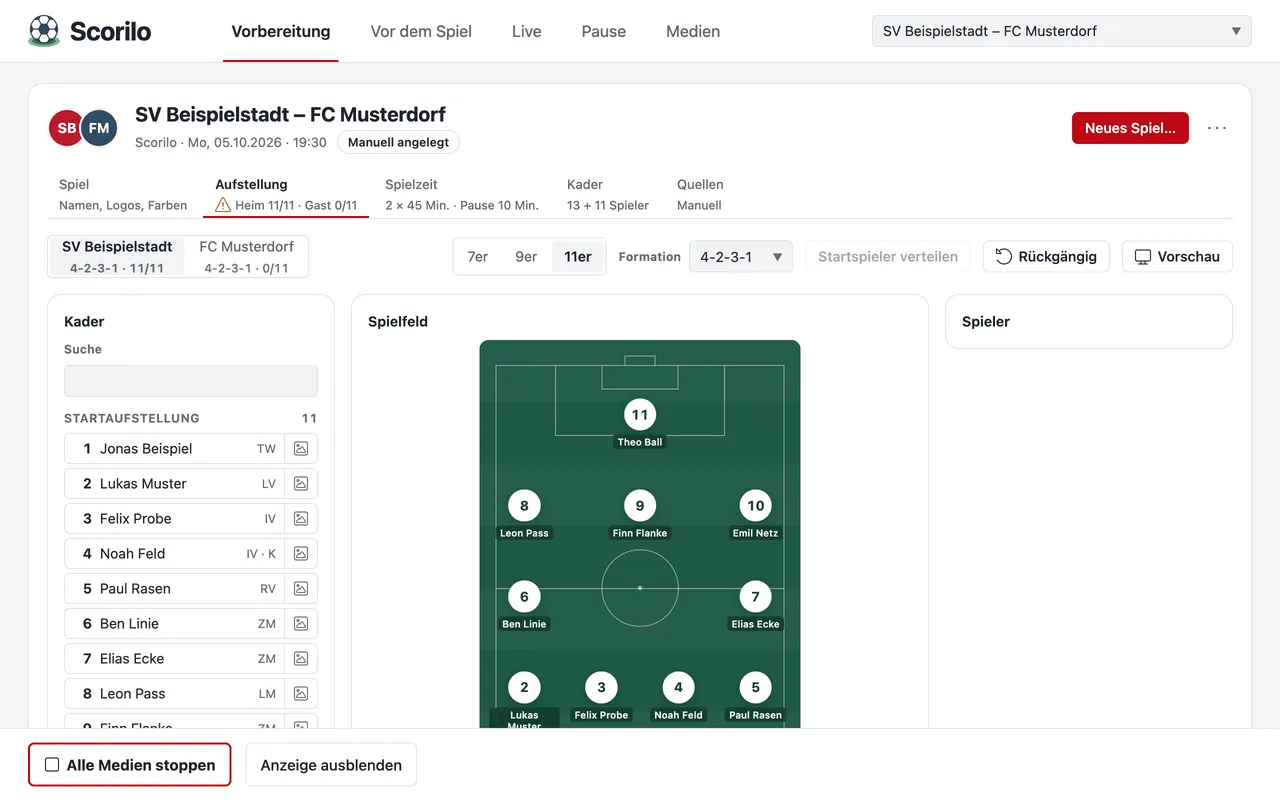 Aufstellungsplaner: links der Kader von SV Beispielstadt, in der Mitte das Spielfeld mit einer 4-2-3-1-Formation, oben die Auswahl 7er, 9er, 11er und Formation.