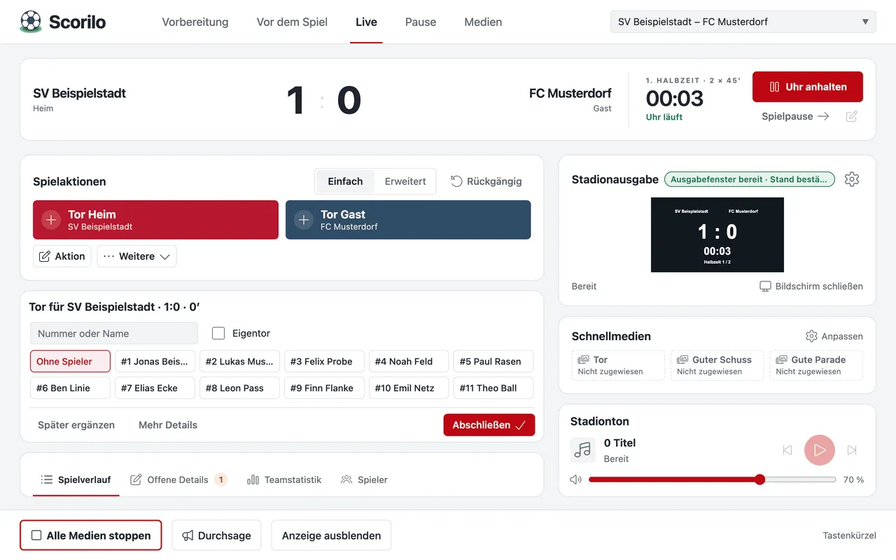 Erfassung „Tor für SV Beispielstadt · 1“ mit der Spielerauswahl nach Rückennummern und den Schaltflächen „Später ergänzen“, „Mehr Details“ und „Abschließen“.