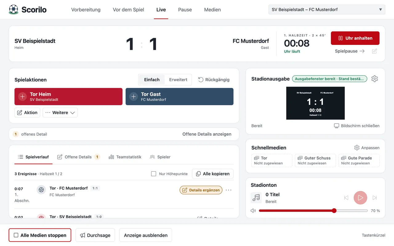 Live-Ansicht beim Stand von 1 : 1: oben Spielstand und Uhr mit „Uhr anhalten“, darunter „Tor Heim“ und „Tor Gast“ und der Spielverlauf mit zwei Toren.