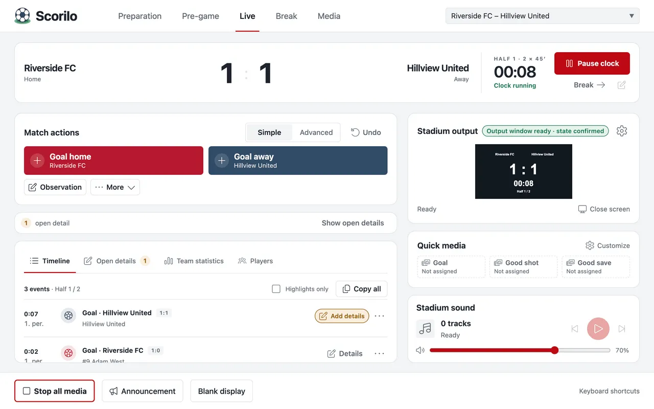 The Live view at 1 : 1: score and clock with “Pause clock” at the top, “Goal home” and “Goal away” below, and the timeline with two goals.