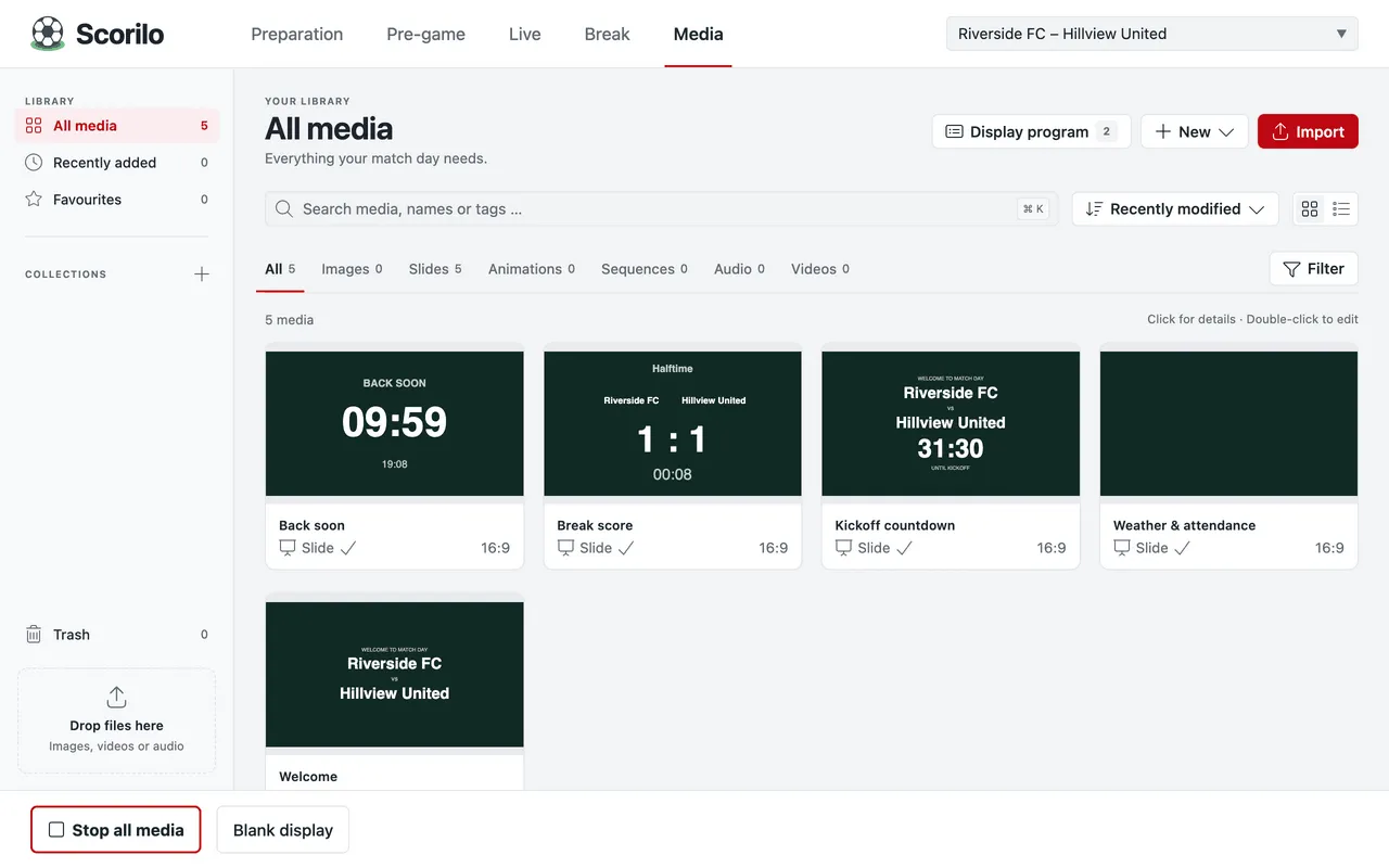 The Media area with the sidebar (All media, Recently added, Favourites, Collections, Trash) and the slides Kickoff countdown, Welcome, Break score and Back soon.