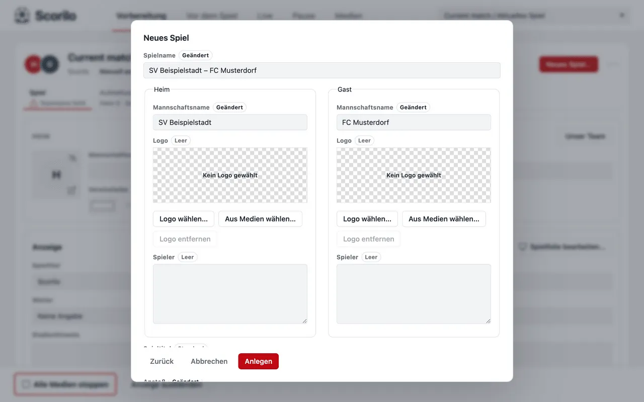 Dialog „Neues Spiel“ mit Spielname „SV Beispielstadt – FC Musterdorf“ und den beiden Mannschaftsnamen.