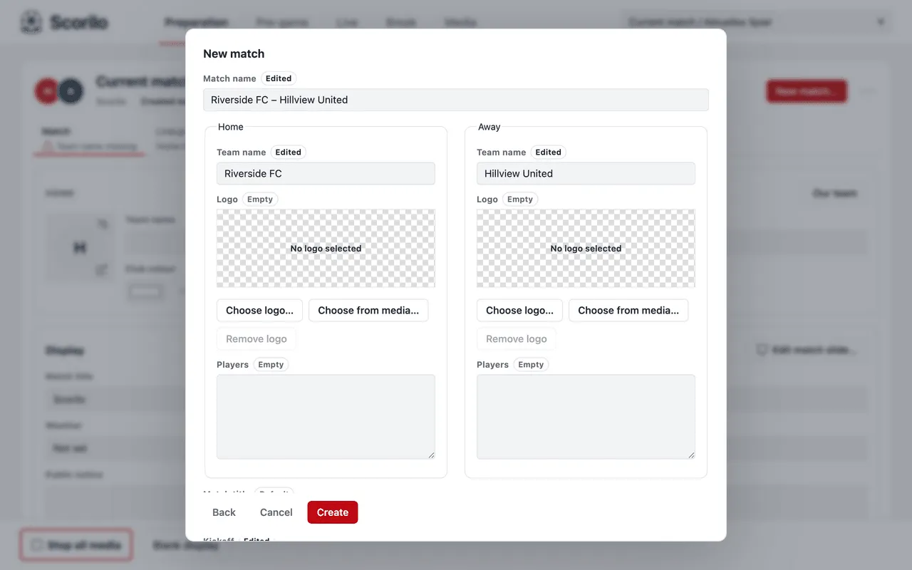 The “New match” dialog with the match name “Riverside FC – Hillview United” and both team names.