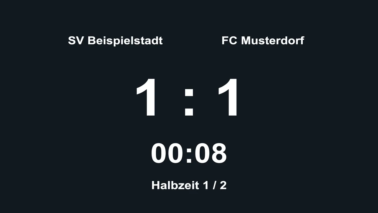 Die Anzeige für das Publikum: SV Beispielstadt gegen FC Musterdorf, Spielstand 1 : 1, Spielzeit 00.