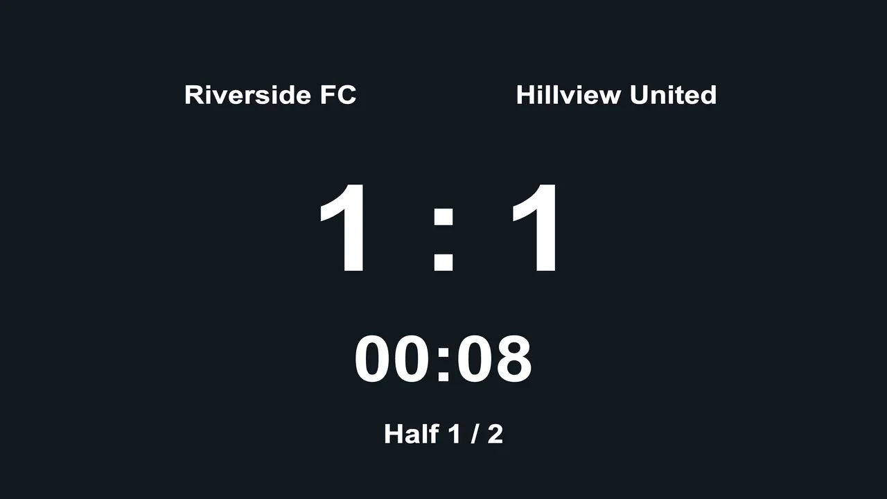 The display for the audience: Riverside FC against Hillview United, score 1 : 1, match time 00.