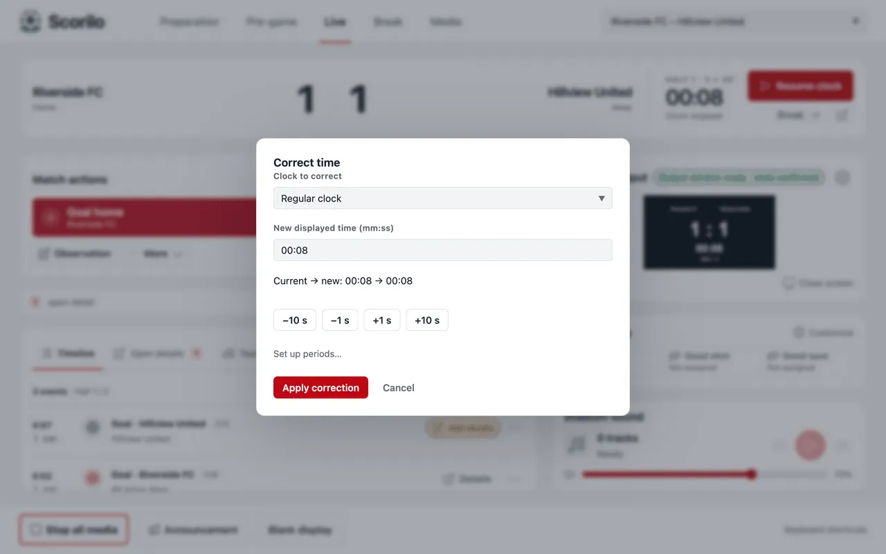 The “Correct time” dialog with the field “New displayed time (mm)”, the buttons −10 s to +10 s and “Apply correction”.