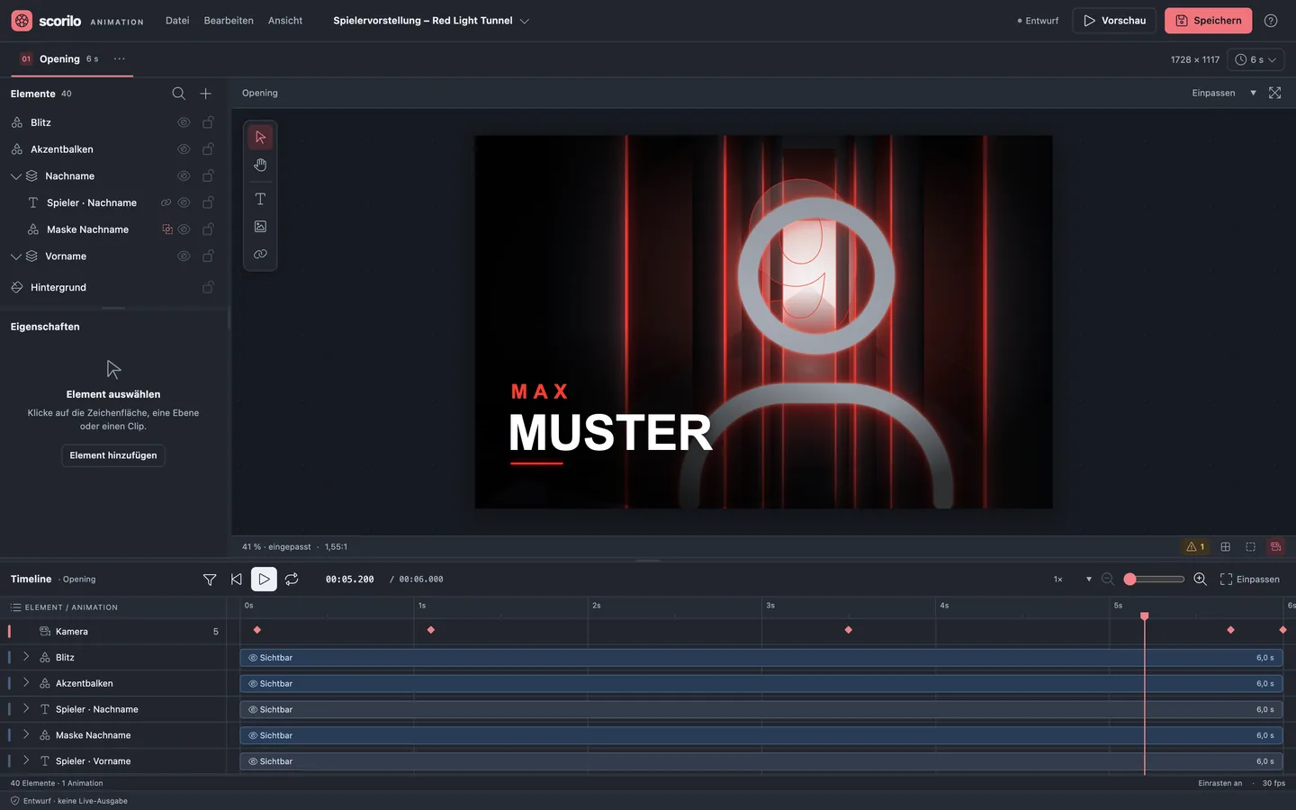 Der Animationseditor von Scorilo mit der Vorlage „Spielervorstellung – Red Light Tunnel“: links 40 Elemente und Ebenen, in der Mitte die Zeichenfläche mit Spielername und Silhouette im roten Lichttunnel, unten die Zeitleiste mit Kamera-Keyframes.