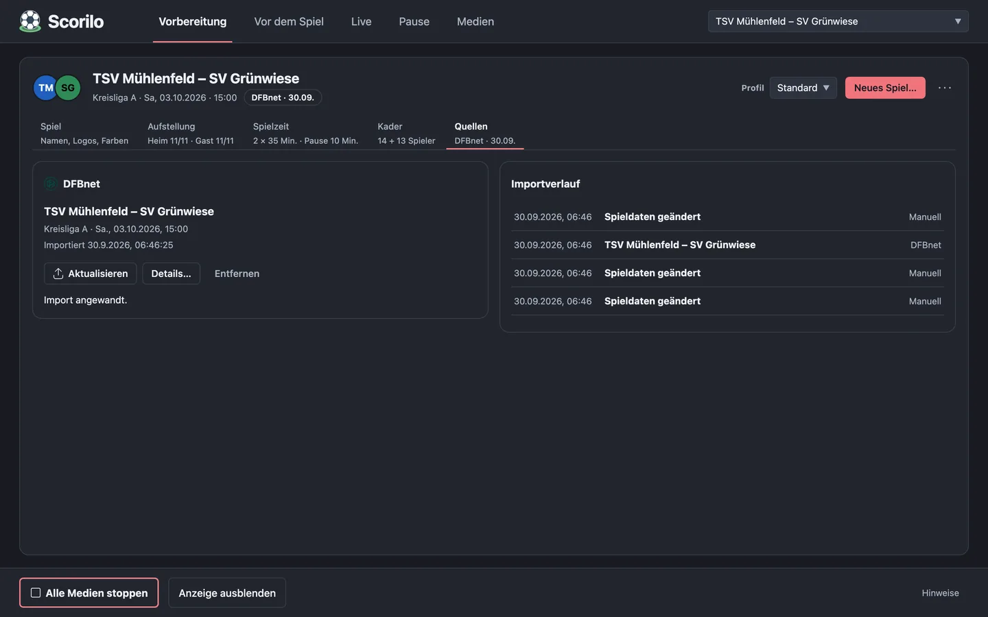 Der Tab Quellen in der Vorbereitung: DFBnet-Karte mit dem importierten Spiel, Aktualisieren und Details sowie der Importverlauf.